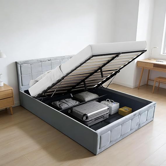 shine planet King Size Lift Up Storage Bed Frame, Upholstered King Platform with Button Tufted Wingback Headboard and Under-Bed Storage, Hydraulic Support, No Box Spring Needed, Noise Free