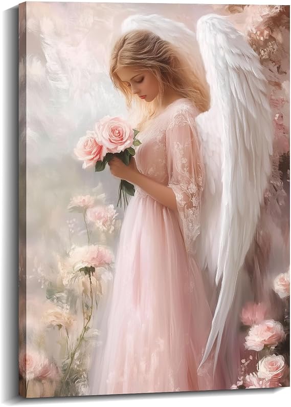 Angel Canvas Wall Art White Wings Picture Girl with Flower Posters Pink Prints for Living Room Bedroom Home Office Decor Framed(16.00x24.00 inch)