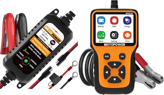 MOTOPOWER MP00205A 12V 800mA Battery Charger Maintainer with MP0515A 12V Battery Load Tester Alternator Analyzer