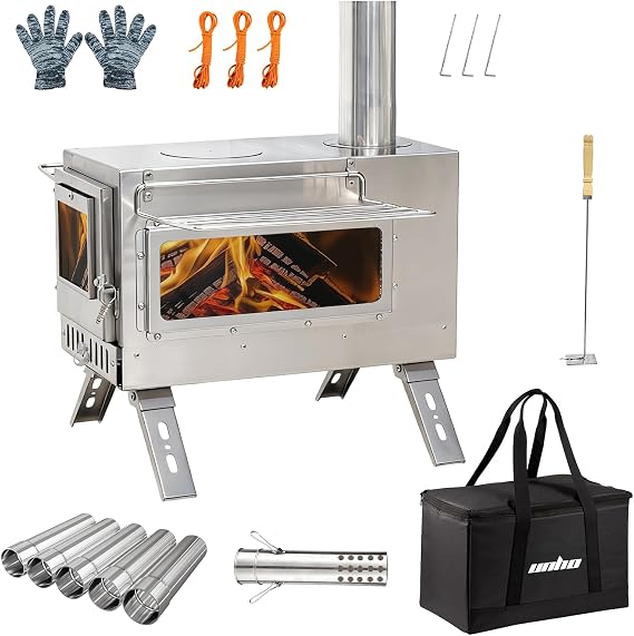 unho Outdoor Wood Burning Stove for Camping, Stainless Steel Chimney Pipe