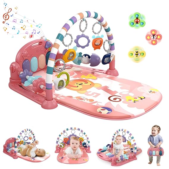 Baby Gym Play Mat, Piano Kick and Play Lights and Music Tummy Time Toys Infant Musical Activity Gym Mat for Visual, Hearing, Sensory, Gift Suitable for Newborns Aged 0 to 3 6 9 12 Months (Pink)