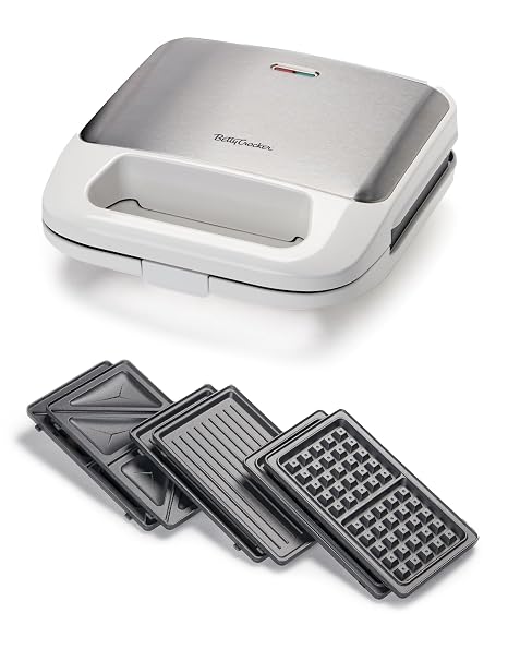 Betty Crocker 3-in-1 Electric Indoor Grill, 750 Watts, BC-4965W, White | Grill, Sandwich / Panini Press & Waffle Maker Plus, Electric Grill Indoor with Interchangeable Non-Stick Plates