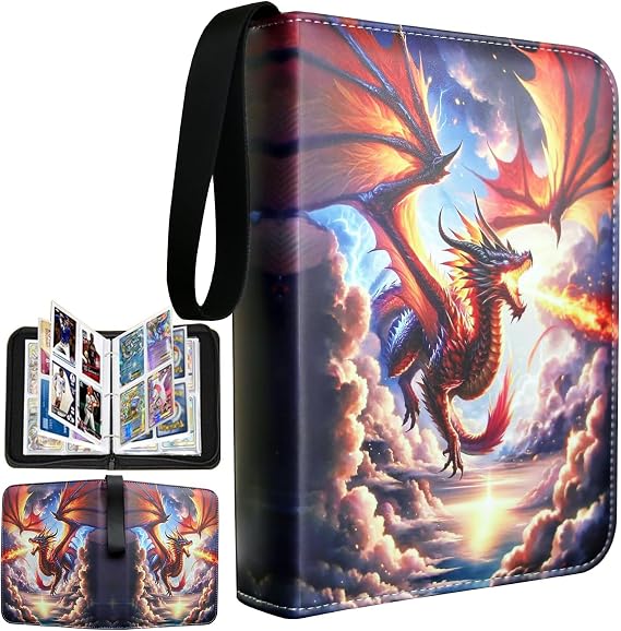 Pokemon Card Binder - Fire Dragon Trading Card Binder - 4 Pocket Zipper Binder with 400 Pockets, Ideal for Boys, Girls - Collectible Trading Card Albums (Fire Dragon, 4 Pocket)
