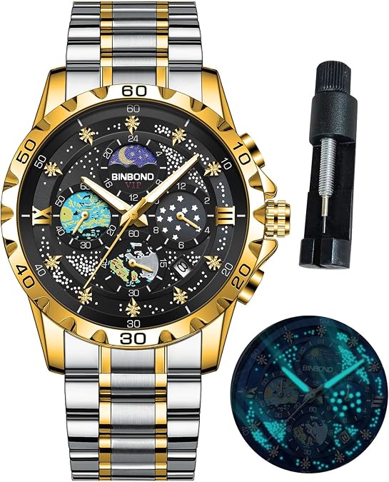 BINBOND Mens Watches Starry Sky Moon Phase Dial Luxury Diamond Business Dress Fashion Classic Casual Date Wrist Watches for Men Waterproof Luminous