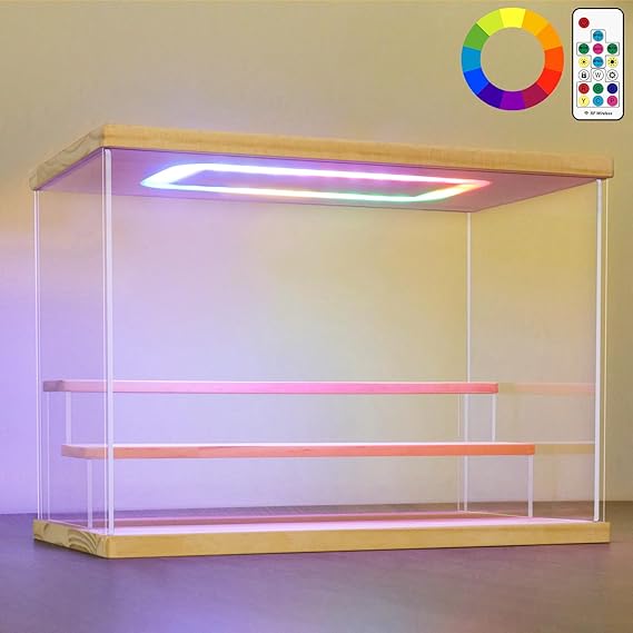 NONEMEY Clear Acrylic Display Case Stand with Led RGB Light 2/3/4/5/6 Tier Storage Box Showcase Dustproof Organizer Box for Collectibles (Wood 3Tier 12.4x7x9inch,31.5x18x23cm)