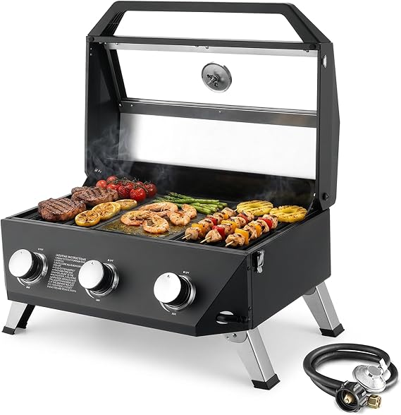 SKOK Tabletop 3-Burner Propane Gas Grill Griddle Combo with View Window