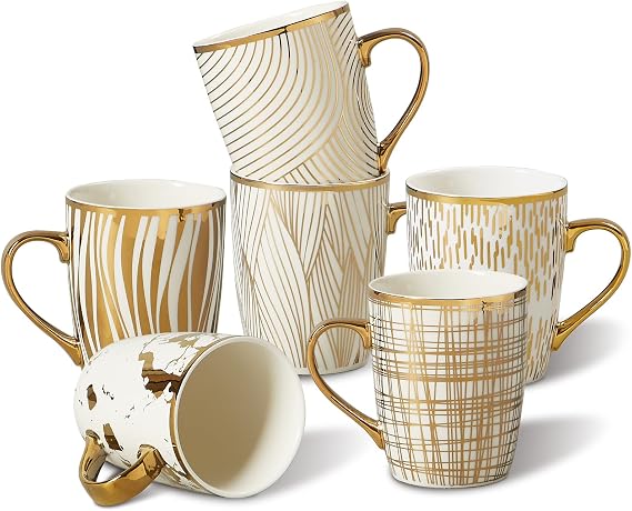 ONEMORE Coffee Mugs 18oz - Gold-Plated Ceramic Mugs for Latte, Hot Tea, Cappuccino, Mocha, Cocoa - Luxury Gold Trim Mug Set of 6, White & Gold, Multicolored
