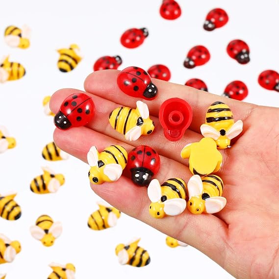 Jetec 50 Pcs Mini Resin Bees Ladybugs, Including 25 Pieces Tiny Resin Bee and 25 Pieces Small Ladybugs for Crafts Wreath Scrapbooking DIY Party Decoration(0.74 Inch)