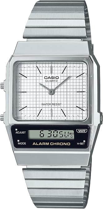 Casio Unisex AQ-800E-7A Vintage Analog-Digital Watch, Retro 1980s Design, Stainless Steel Band, Dual Time, 1/100-Second Stopwatch, Daily Alarm, Water Resistant, Adjustable Clasp, Silver