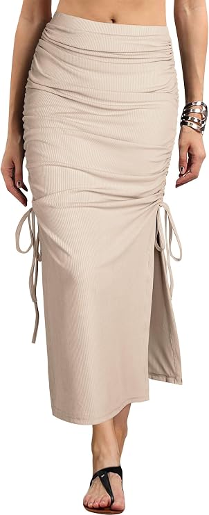 Ezcosplay Women High Waisted Ribbed Skirt Side Split Slit Ruched Drawstring Bodycon Maxi Skirts