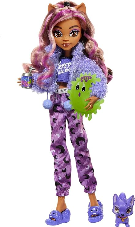 Monster High Creepover Party Doll, Clawdeen Wolf with Pet Dog Crescent, Sleepover Clothes & Accessories like Eye Mask & Pizza
