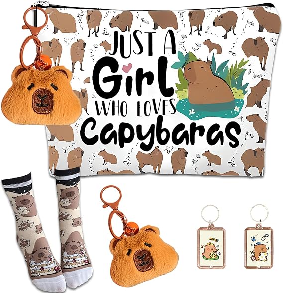 5-Piece Capybara Gift Set Cosmetic Bag Socks & 3 Keychains Just a Girl Who Loves Capybaras Cute Gift for Women & Girls
