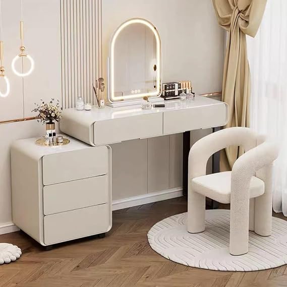 Makeup Vanity Desk Makeup Vanity Desk with Led Lights, Dressing Table with Large Drawer, Vanity Table with 3-Color Adjustable Touch Mirror, Vanity Set Women,Beige B4-100cm/39.3in