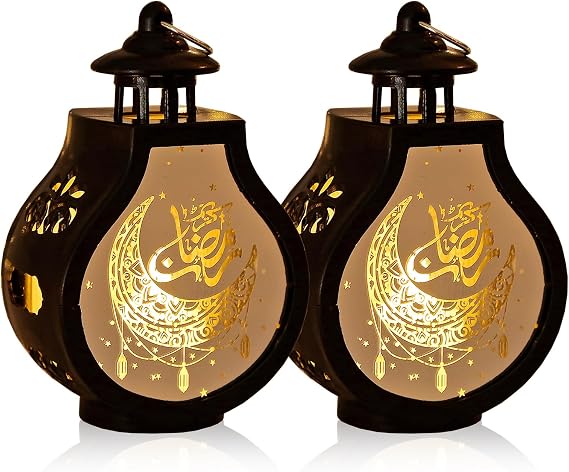 ABTOLS 2 Pieces Ramadan Lantern Decoration,Mini LED Eid Mubarak Moon Lamp Ramadan Hanging Candle Lantern Black Islamic Muslim Light Lantern for Home Tabletop Decor Creative Party Supplies
