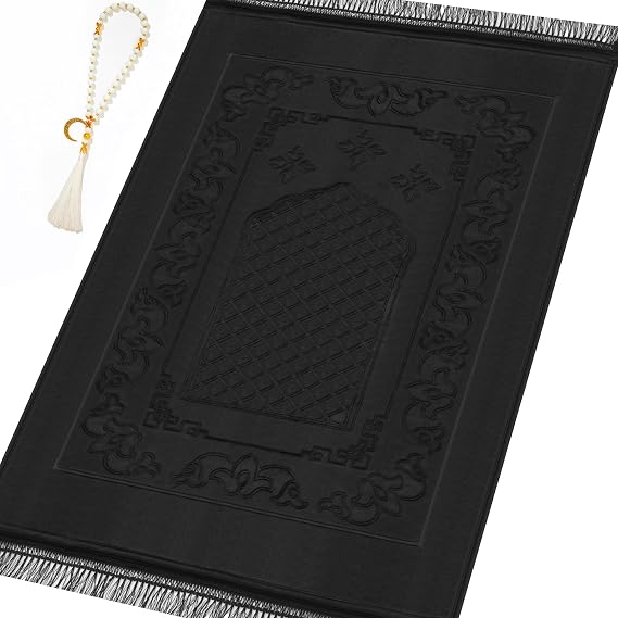 Muslim Prayer Rug with Tasbih Prayer Beads, Soft Large Prayer Matt Islam, Padded Islamic Prayer Mat Thick for Men and Women, Janamaz, Sajadah (Black)