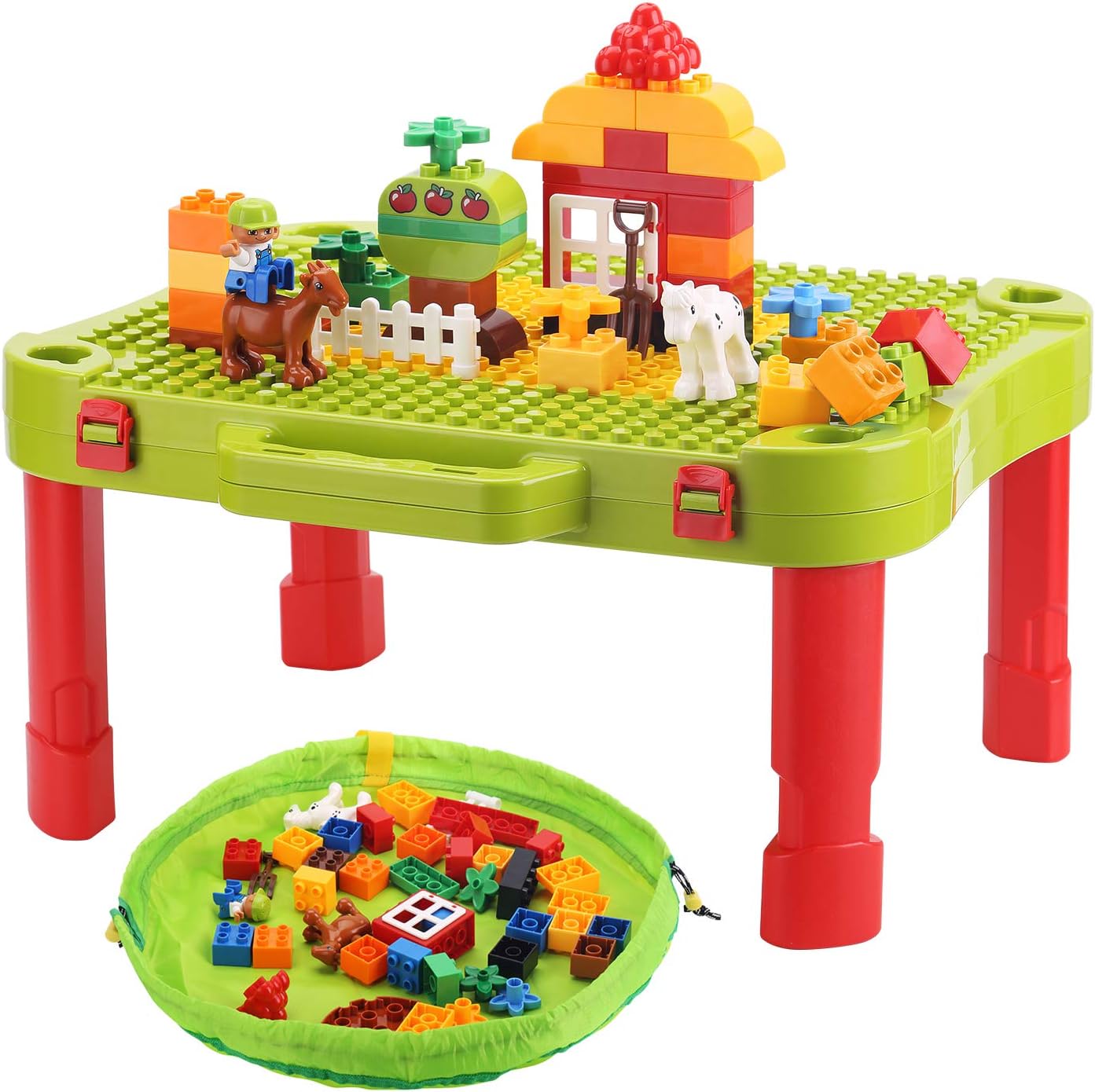 3-in-1 Kids Activity Table, Compatible for Lego Duplo and Mega Blocks, Build and Learn Table, Building Blocks Kit - Foldable Activity Desk, Play Board, and Toy Storage for Toddlers