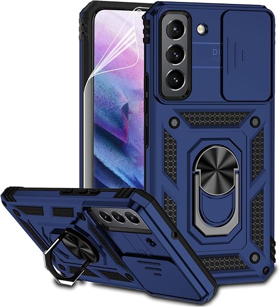 Samsung Galaxy S22 Plus用ケース カメラレンズカバー付き HDスクリーンプロテクター ミリタリーグレード 落下試験済み 磁気リングホルダー キックスタンド 保護ケース Samsung Galaxy S22+ Plus 5G用 ネイビーブルー