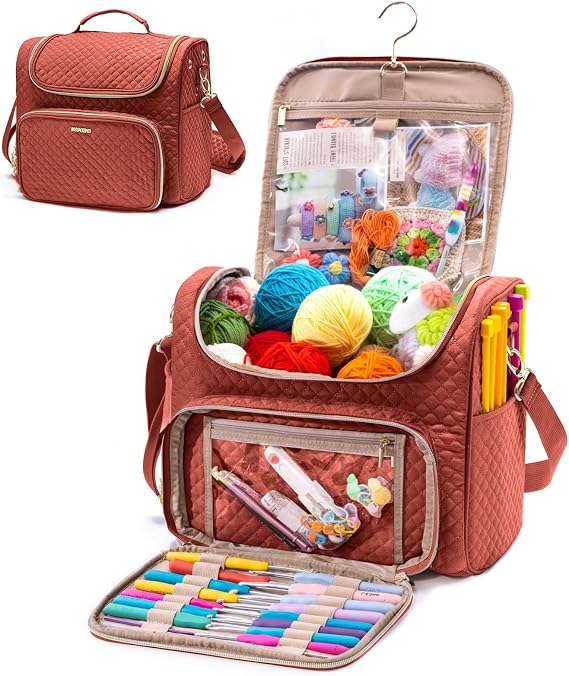 MYBAGZING Crochet Bag Organizer, Quilted Storage Bag with Hanging Hook, Yarn Holder for Knitting & Crochet Accessories, Mother's Day Gift