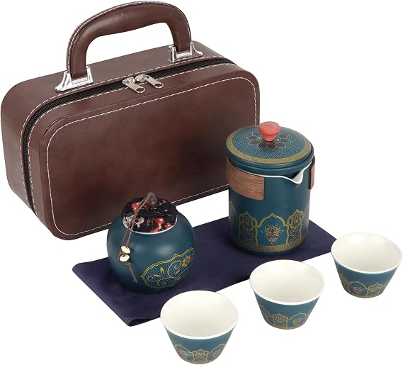 Portable Kung Fu Tea Set - Chinese Travel Tea Kit with Travel Case Teapot & Cups for Outdoors Office Camping, Blue
