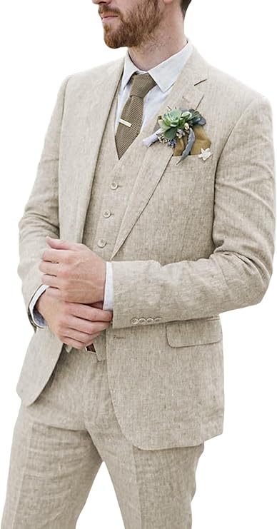 Men Suits Linen Beach Wedding Suits 3 Piece Groomsmen Attire Linen Blazer Vest Pant Prom Tuxedo