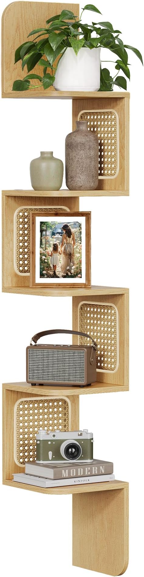 VASAGLE 5-Tier Corner Shelf, Wall Mounted Floating Shelf, Boho Wall Decor