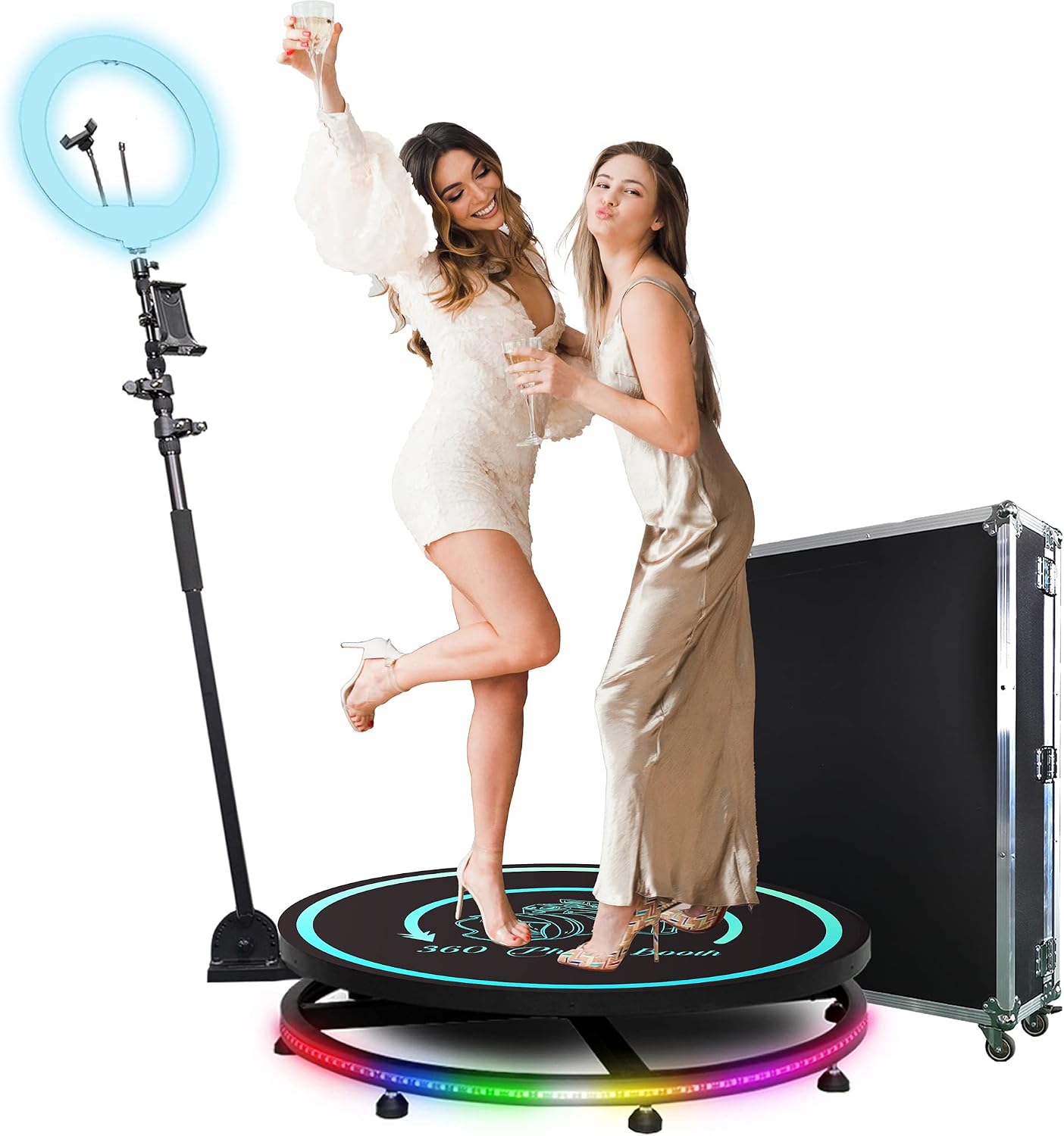 360 Photo Booth Machine for Parties with Flight Case,Extra Battery,Logo Customization,Software APP Remote Automatic 360 Spin Camera Booth 68cm for 2-3 People to Stand on 26.8Flight Case