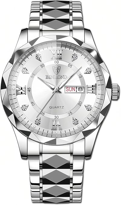 Gosasa Luxury Men's and Women's Business Diamond Stainless Steel Waterproof Roman Numeral Analog Quartz Watch with Day-Date Calendar, Gold and Silver Tone