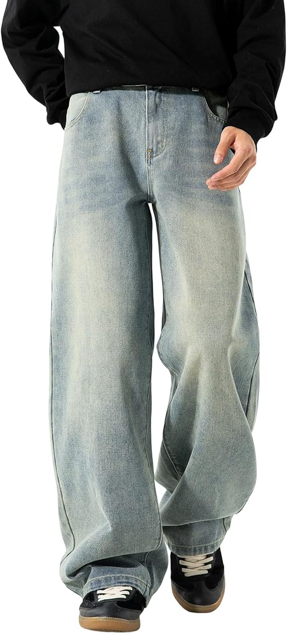 Baggy Jeans Men Wide Leg Carpenter Y2k Jeans Mid Rise Denim Pants Loose Fit Skater Trousers Streetwear