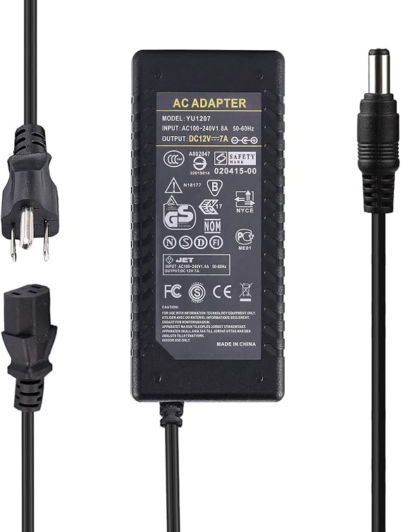 12V 7A Power Supply, AC 100-240V to DC 12V 7A Adapter, 5.5x2.5mm Barrel Connector, Compatible with LED Strip Lights, LCD Monitor, CCTV Cameras