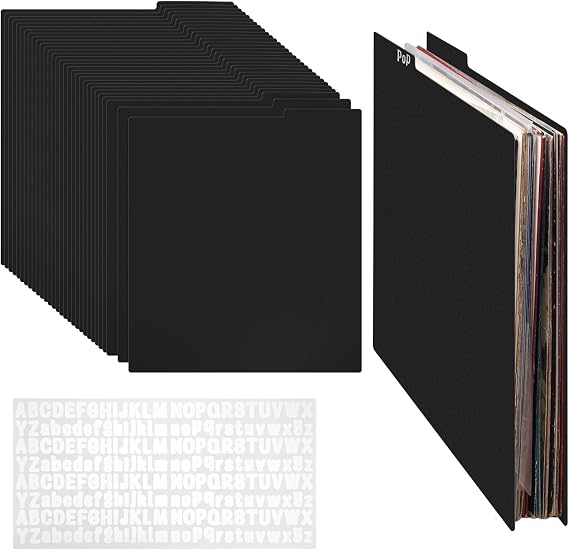 30 PCS Vinyl Record Dividers: 12 Inch Album Storage Holder Dividers, Accessories with A-Z Stickers for Records Book Shelf Organizer (Black)
