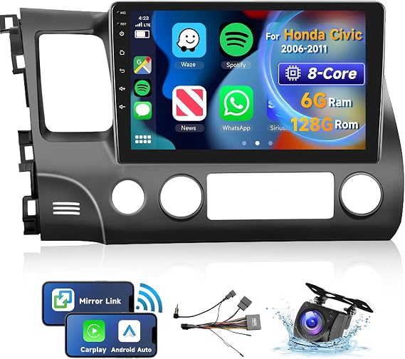 8 CORE 6G+128G for Honda Civic Car Stereo 2006-2011 with Wireless Carplay | Android Auto, 10.1" Android 15 IPS Touch Screen Car Radio, Bluetooth, GPS, 5G WiFi, SWC, DSP+Backup Camera