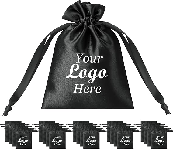 TOPTIE 50Pcs Custom Silk Satin Gift Bags with Drawstring 3.2 X 4.3 Inches | Personalized jewelry pouches, wedding favor bags with logo printed, gift & cosmetic & fragrance packaging