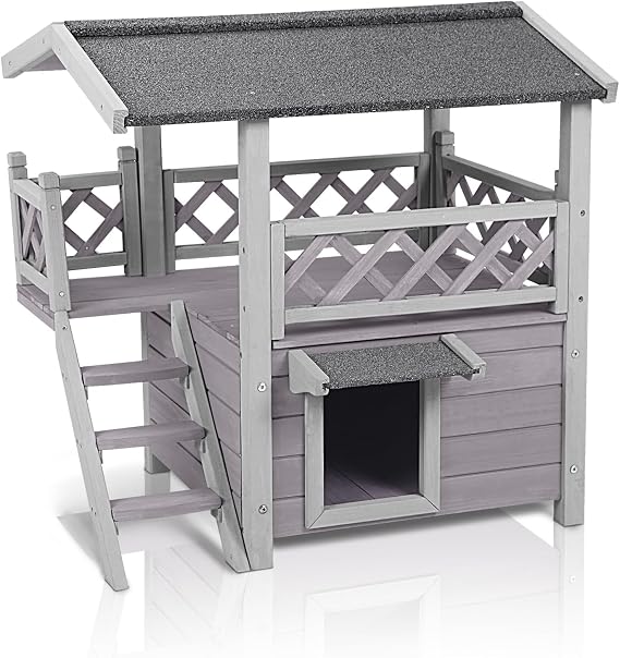 Seiyierr Outdoor and Indoor Cat House Weatherproof Outdoor Wild Cat House Two Storeys with Waterproof Balcony Stairs