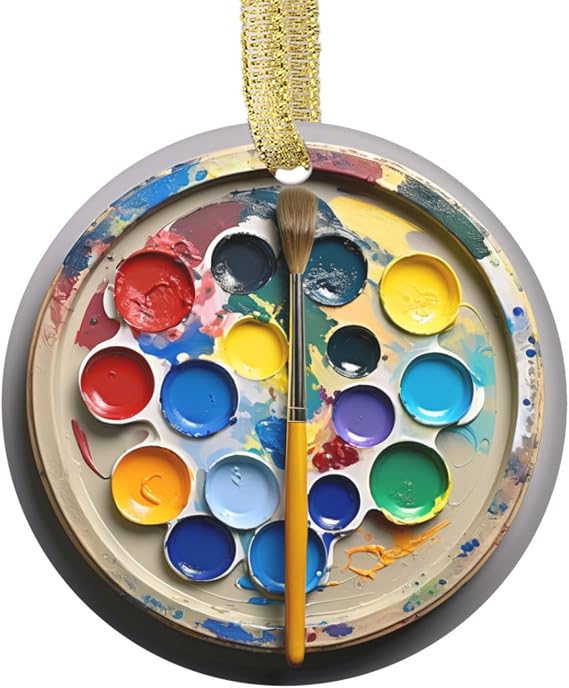 Art and Beyond Customized Christmas Ornament Watercolor Round Personalized Holiday Decor Artist's Paint Palette Design with Custom Text on The Back - Xmas Tree Ornaments