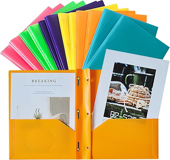 Seashell 2 Pocket Folders with Prong (12 Pack, Assorted Colors), Durable Poly Folder with Two Pockets, Letter Size, Business Card Holder, for Office and Classroom Use