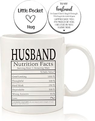 ZomefinKiu Husband Coffee Mug 11 Ounce Ceramic, Husband Pocket Hug Token, To My Husband Gift from Wife, Husband Nutrition Facts Mug, Gift for Husband Birthday Wedding Anniversary Christmas, White