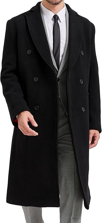 Mens Black 70% Wool & Cashmere Double Breasted Overcoat – Long Winter Coat Jacket with Peak Lapels & Satin Lining