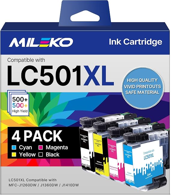 LC501XL LC501 Ink Cartridges High Yield Compatible for Brother LC501 Ink Cartridges LC501XL LC 501 XL Work with Brother MFC-J1360DW MFC-J1410DW MFC-J1260W Printer Ink (Black Cyan Magenta Yellow, 4P)