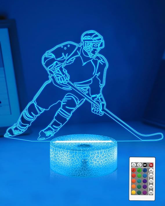 Attivolife Ice Hockey 3D Night Light, Bedside Illusion Optical Hologram LED Lamp with Remote Control + Timer 16 Color Changing, Bedroom Decor Personalized Best Birthday Gift for Kid Boy Teen Sport Fan