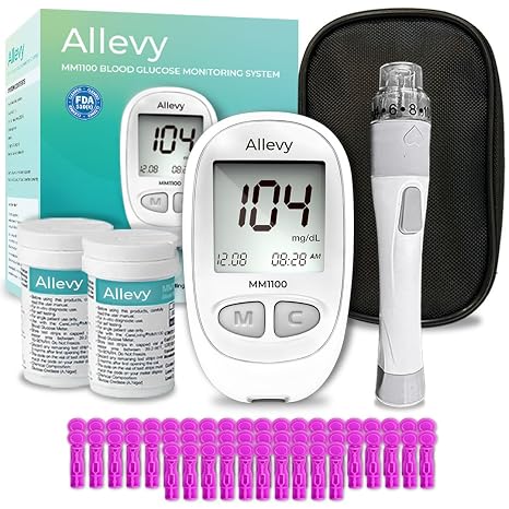 Allevy Blood Glucose Monitor Kit FDA Cleared, No Coding, 5-Second Results (Includes Glucometer, 100 Test Strips, 100 Lancets, Lancing Device)