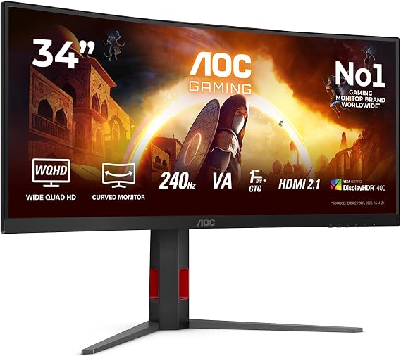 AOC CU34G4Z 34 inch UW-QHD Gaming Monitor Curved, 240Hz, Fast VA Panel, 1ms GtG, HDR400, FreeSync Premium, Height Adjustment, (3440x1440 HDMI 2x 2.1 DP 1x 1.4 USB Hub) Black