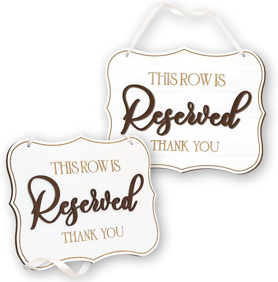 STOFINITY Reserved Row Signs, Set of 2 Wood Signs for Wedding Chairs | 3D design with ribbon tie, hangs on chairs, pews or rows, ceremony seating, restaurant and party use