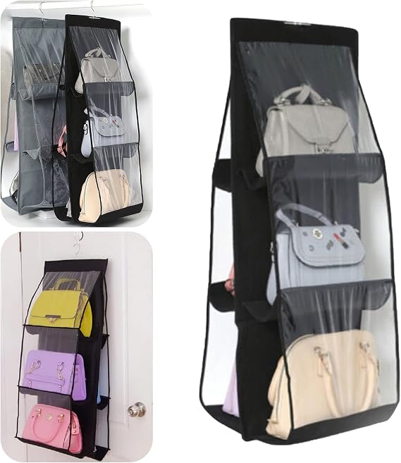Double-Sided Six-Layer Hanging Storage Bag, 6 Pockets Hanging Closet Storage Bag, High Capacity Transparent Collapsible Non-Woven Hanging Handbag Storage Hanging Bag, 90CM*35CM*32CM (Black)