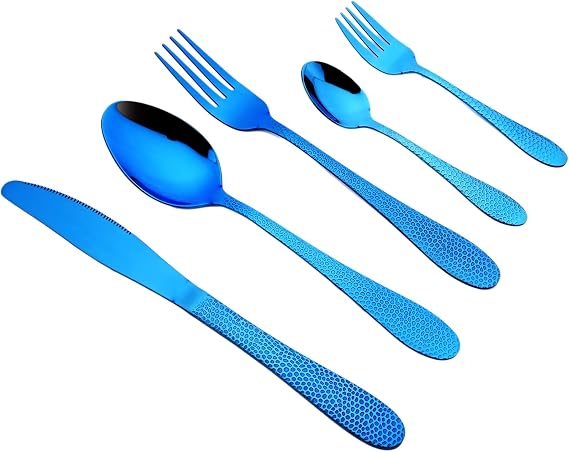 Fashion Design and Easy Clean Flatware Set.Blue Silverware Set, 5 Pieces 304 Stainless Steel Utensils Cutlery Knife Fork Spoon, Gift Package for Wedding Housewarming