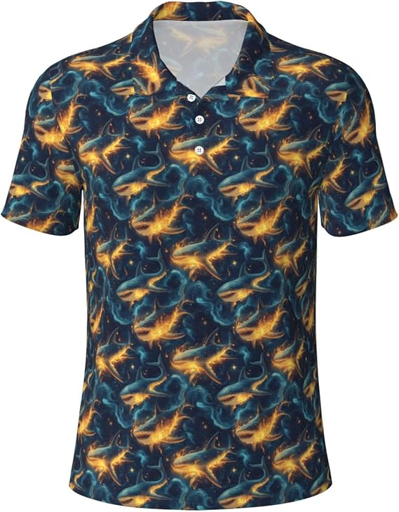 Golden Flame Shark Print Polo Shirts for Men-Funny Golf Shirts for Mens Short Sleeve Polos Polo T Shirts