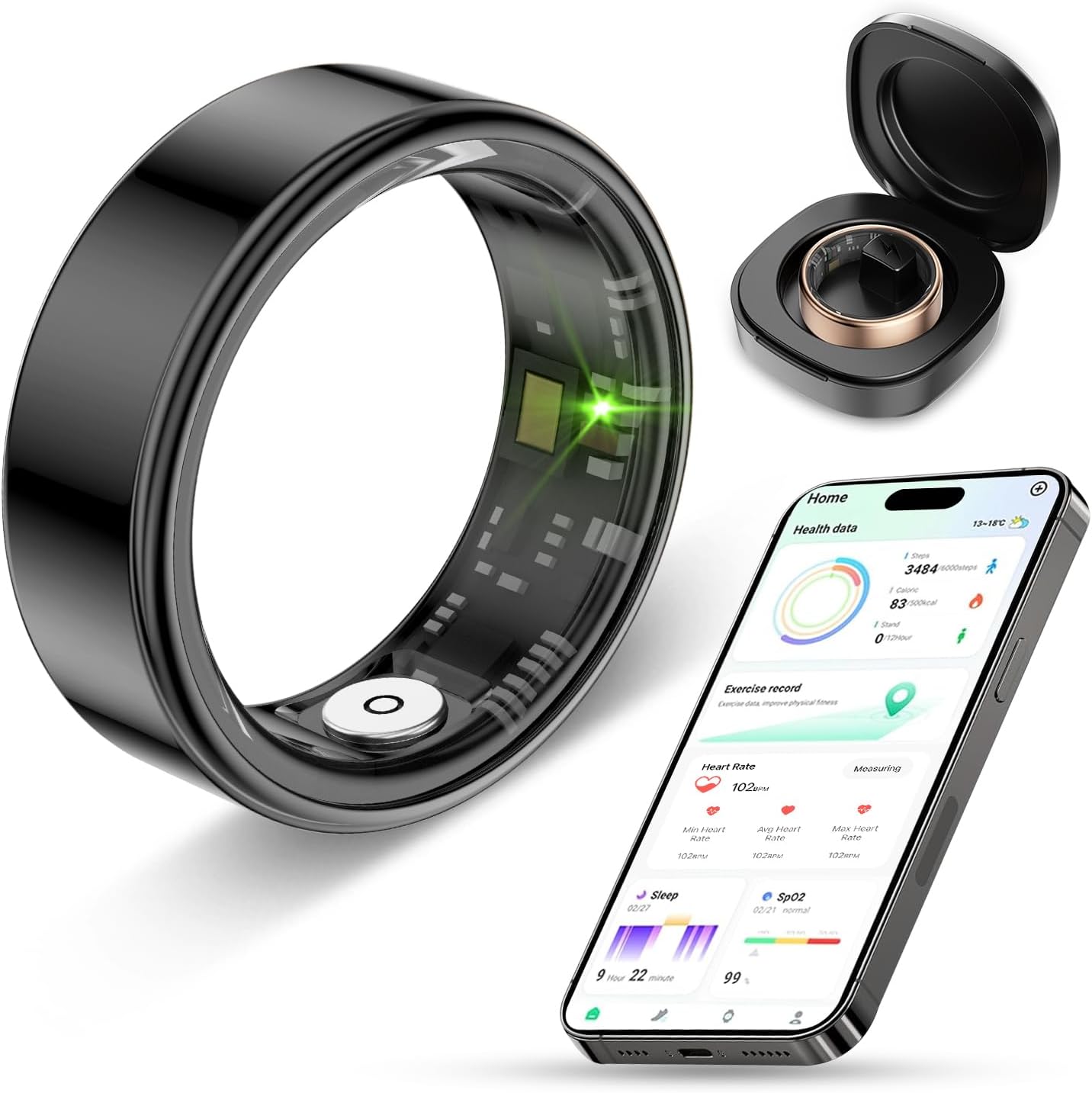 Smart Ring Health Tracker for Men Women with Charging case - IP68 Waterproof Fitness Ring with Sleep TrackerHeart RateBlood OxygenStepsDistanceCalories,Air Gestures,No Subscription