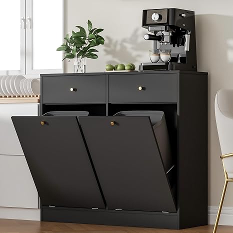 Housoul Double Tilt Out Trash Can Cabinet, Trash Storage Cabinet with 2 Drawers, Hidden Garbage Bin, Free Standing Laundry Sorter Organizer for Kitchen Dining Living Room, Bathroom, Black