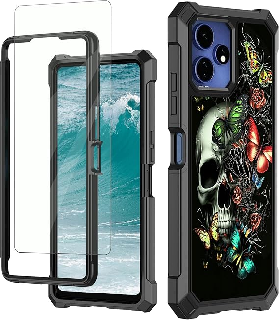 Rossy for Celero 5G Plus 2024 Phone Case for Celero 3 Plus 5G Case with Tempered Glass Screen Protector Heavy Duty Shockproof Dual Layer Soft TPU Hard PC Protective Case Cover,Skull Butterflies
