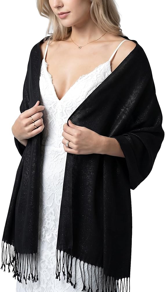 Achillea Sparkly Metallic Pashmina Shawl Wrap for Women Elegant Scarf for Evening Dresses, Wedding Guests & Party Outfits