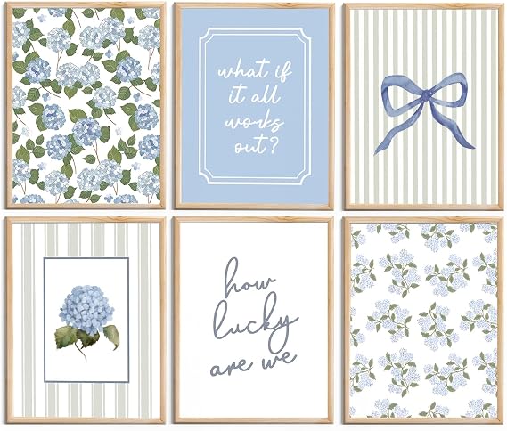 6 Pcs Blue Hydrangea Bow Canvas Wall Art How Lucky Are We Poster Prints Trendy Striped Coquette Paintings Pictures Sage Green Coastal Preppy Aesthetic Wall Decor for Girl Room Bedroom Living Room Office Dorm Apartment 8x10 Inch Unframed